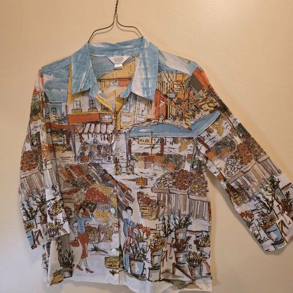 Christopher & Banks Petite Market Print Button Down Top P/L - Picture 1 of 4